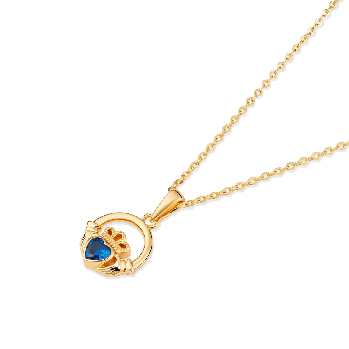 Argento Gold Birthstone September Sapphire CZ Claddagh Necklace