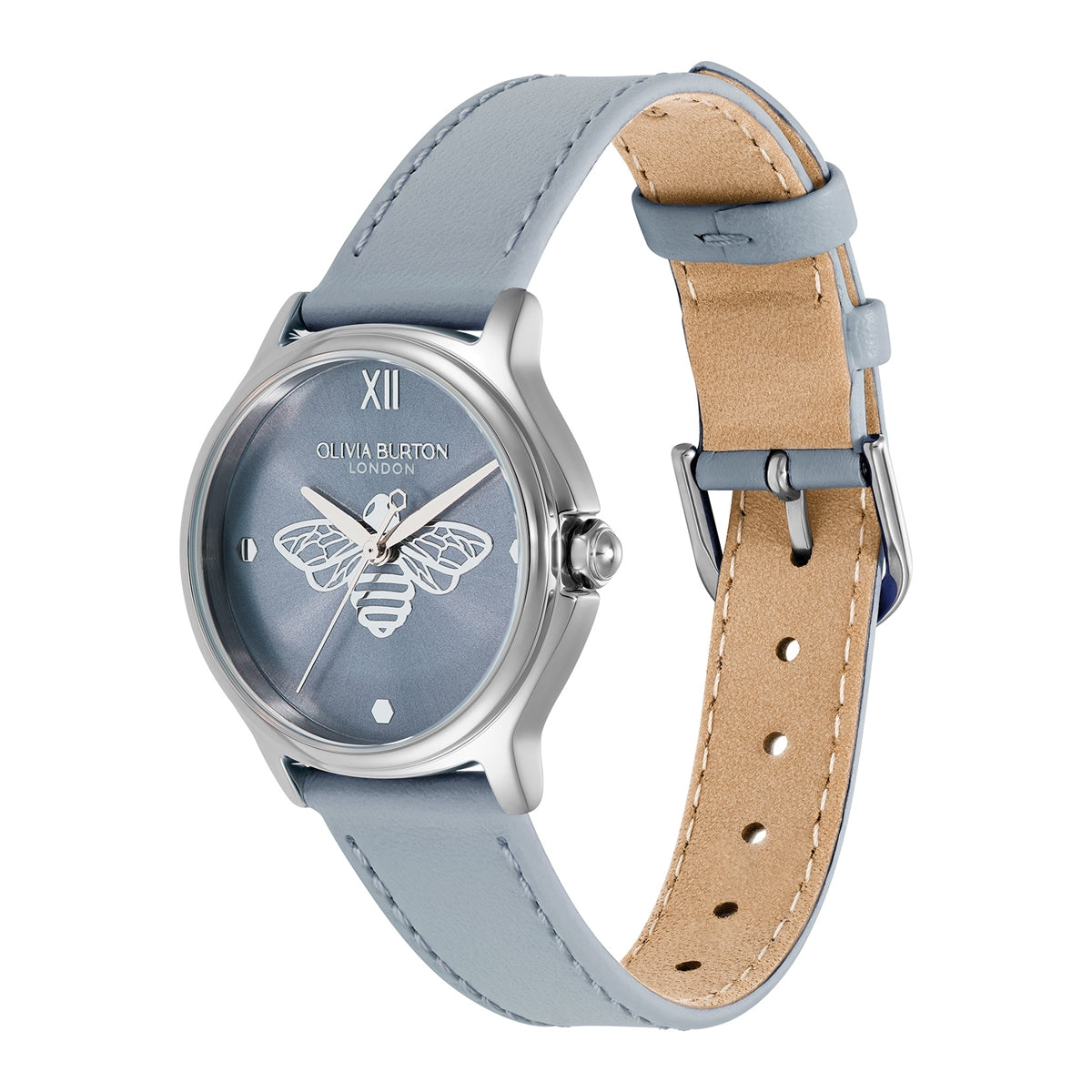 Olivia Burton Silver Classic Bee Chalk Blue Leather Bracelet Watch