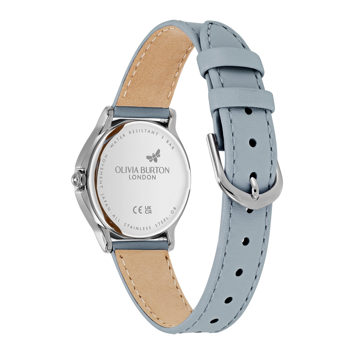 Olivia Burton Silver Classic Bee Chalk Blue Leather Bracelet Watch