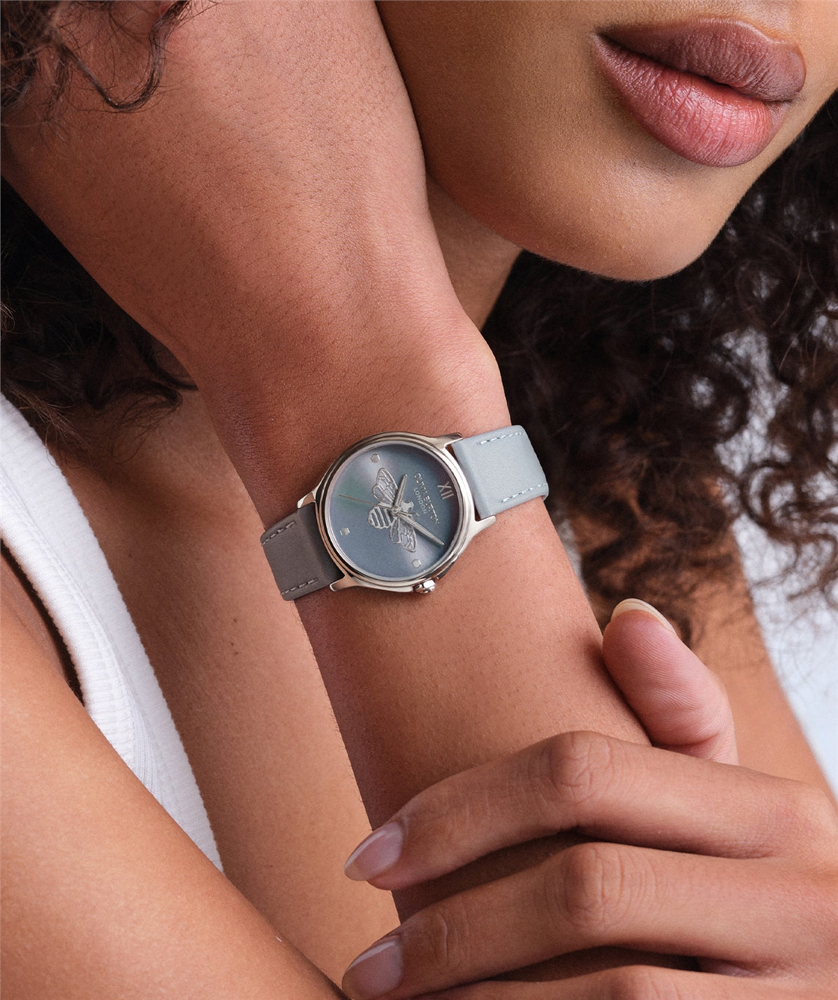 Olivia Burton Silver Classic Bee Chalk Blue Leather Bracelet Watch