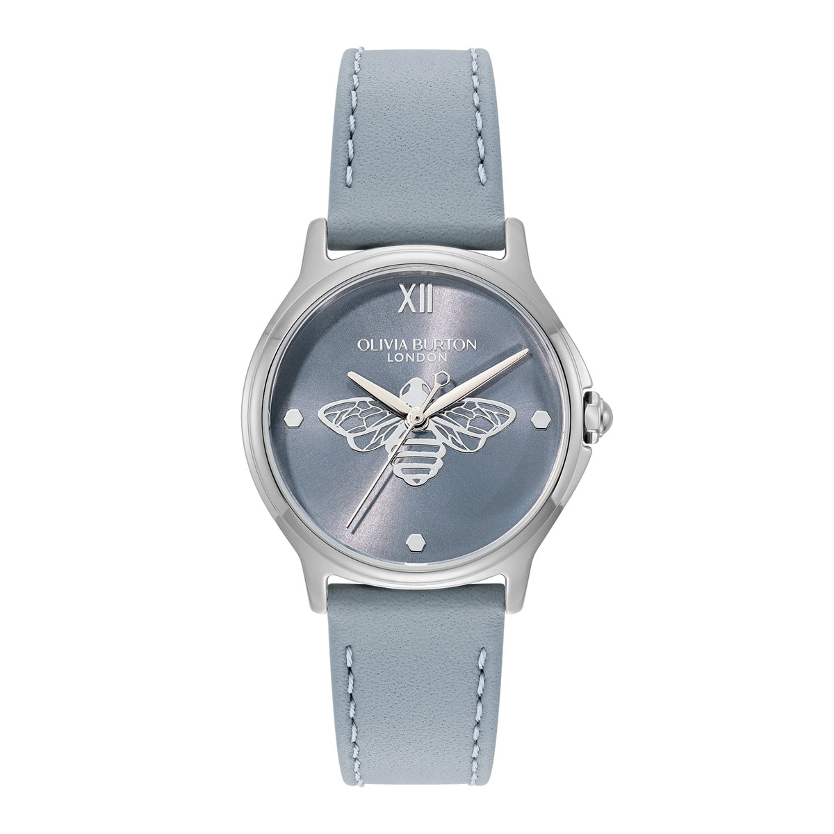 Olivia Burton Silver Classic Bee Chalk Blue Leather Bracelet Watch