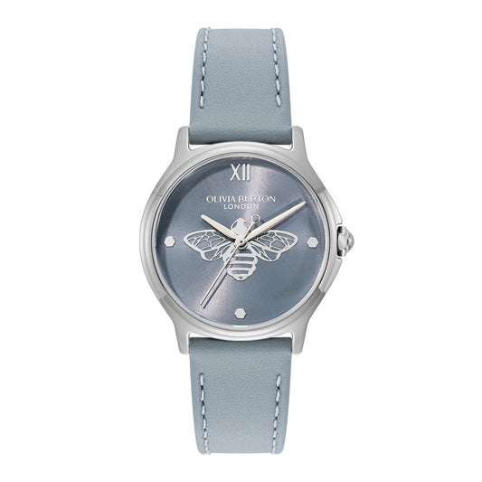 Olivia Burton Silver Classic Bee Chalk Blue Leather Bracelet Watch