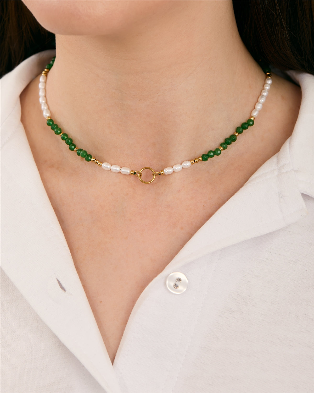 Over & Over Gold 14k Plated Green Agate Pearl Charm Necklace