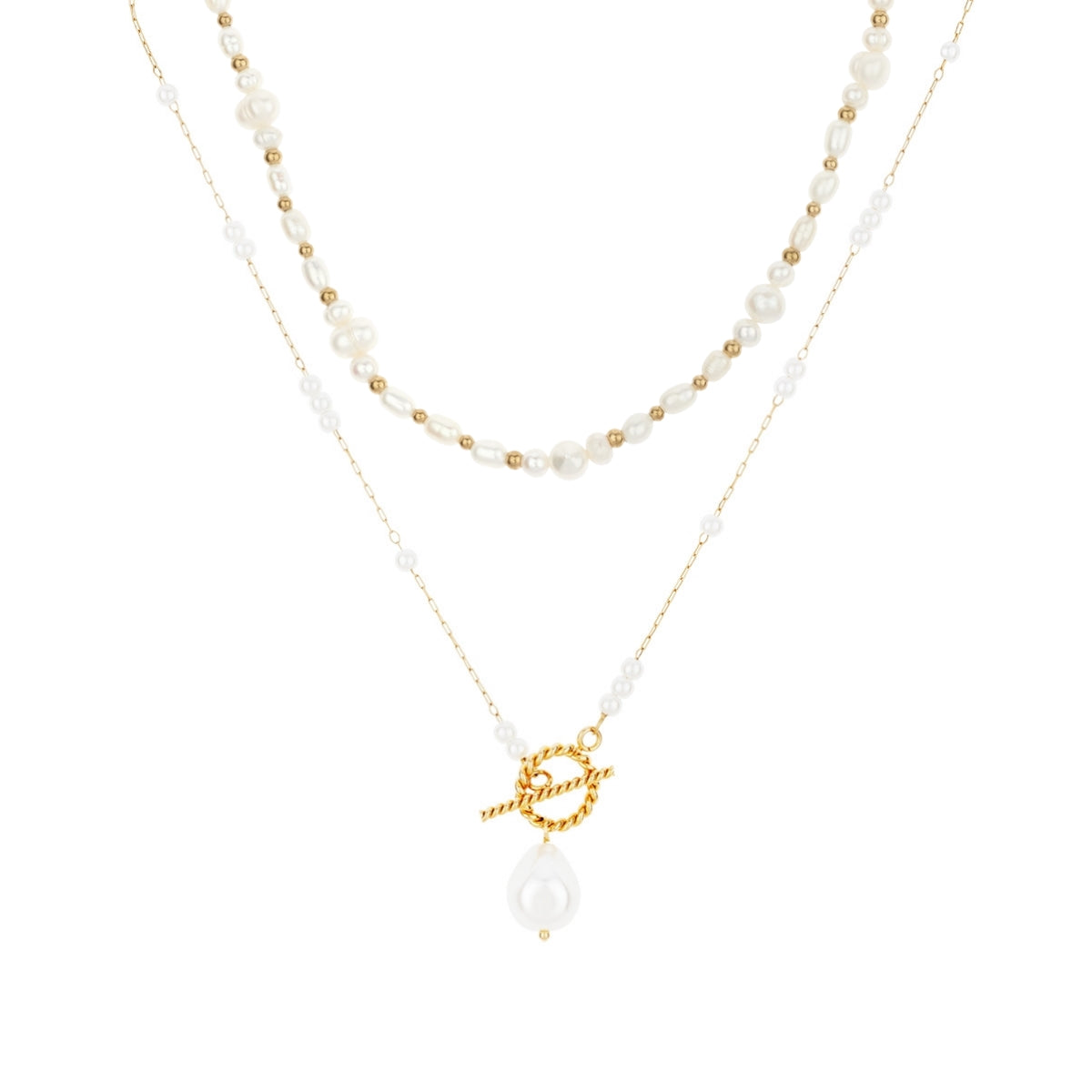 Over & Over Gold Stainless Steel Pearl & T-Bar Necklace Set