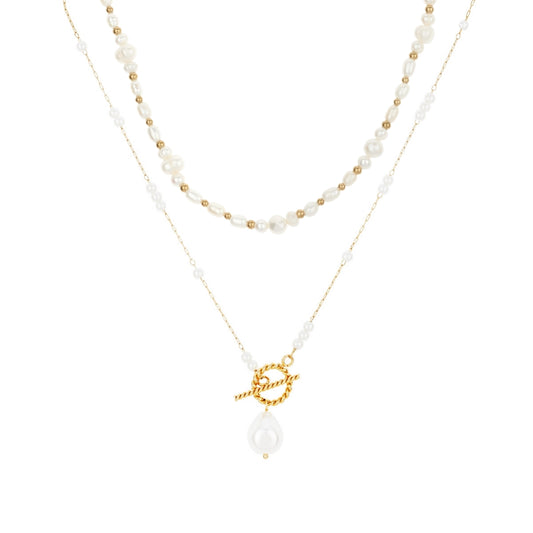 Over & Over Gold Stainless Steel Pearl & T-Bar Necklace Set