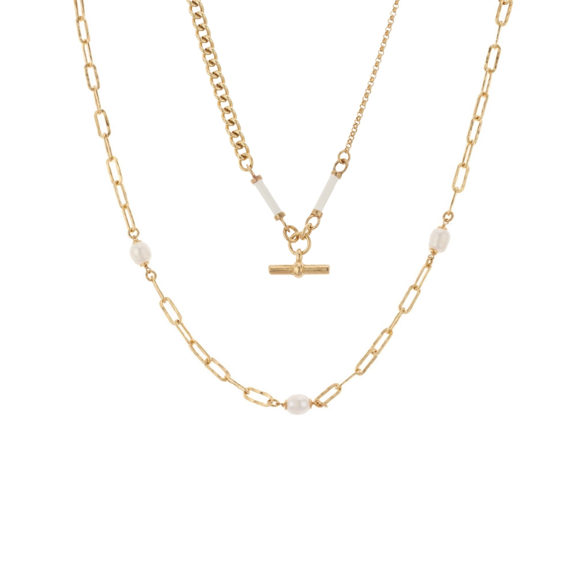 Argento Gold Enamel Cream T-Bar & Pearl Necklace Set