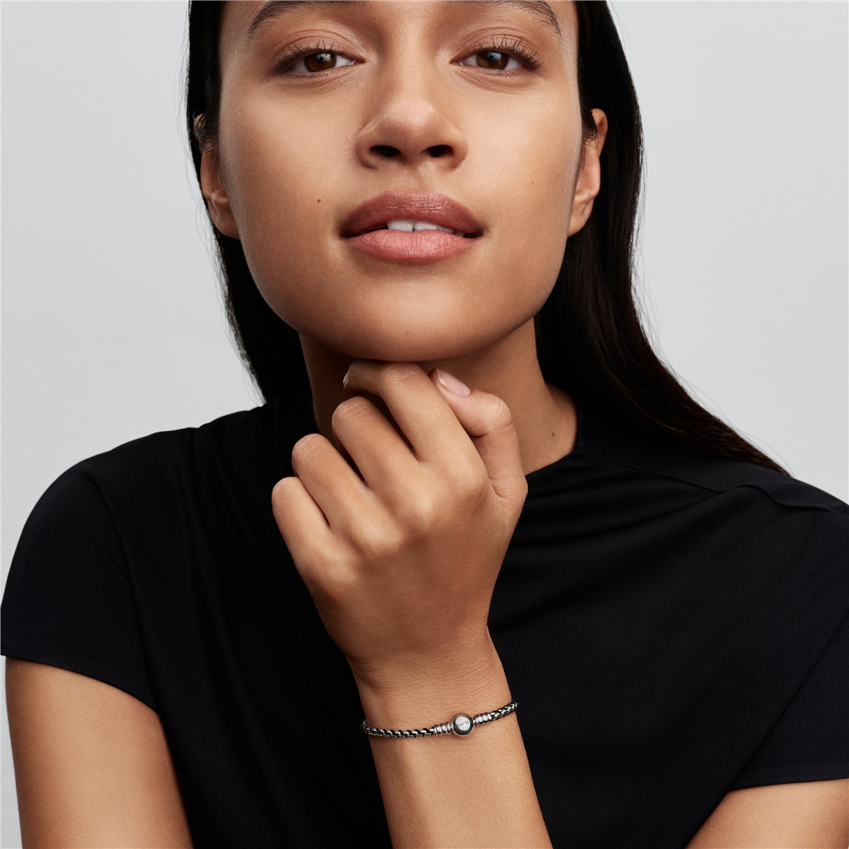 Pandora Silver Black Cord Box Chain Bracelet