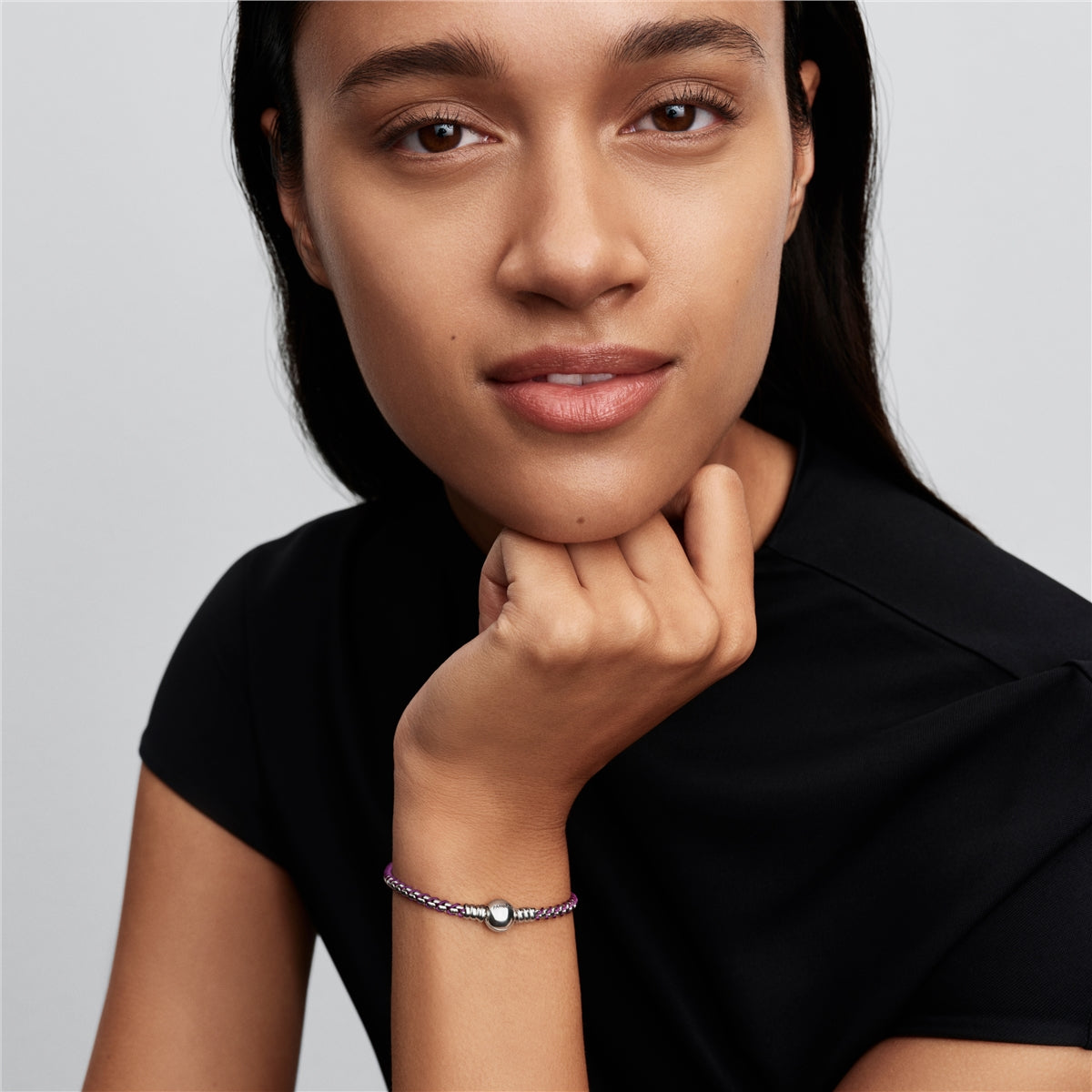 Pandora Silver Purple Cord Box Chain Bracelet