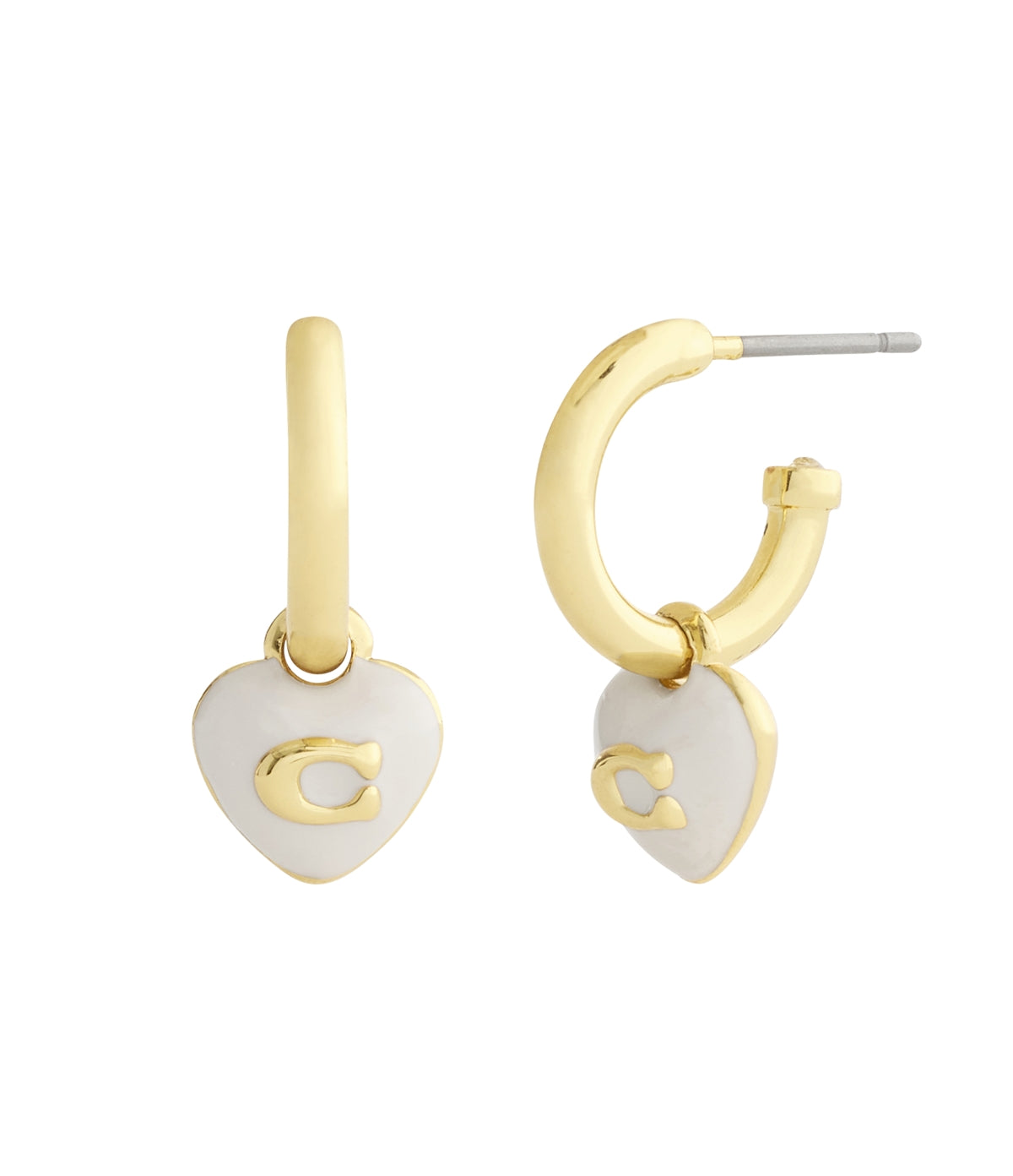 Coach Gold White Enamel Heart Huggie Earrings