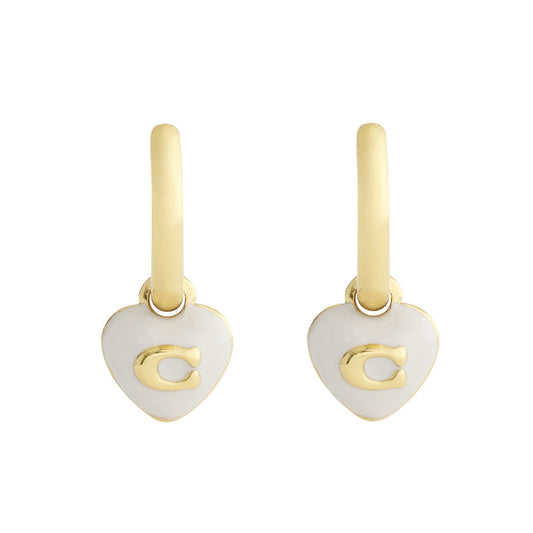 Coach Gold White Enamel Heart Huggie Earrings