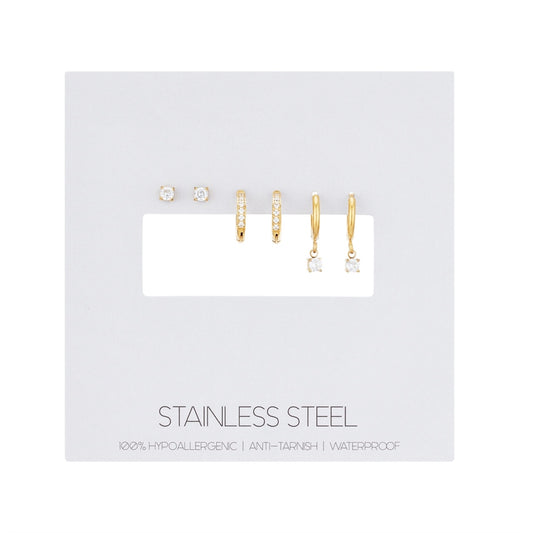 Over & Over Gold Stainless Steel CZ Drop Hoop & Stud Set