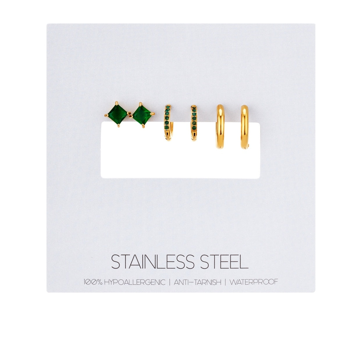 Over & Over Gold Stainless Steel Green CZ Stud & Hoop Set