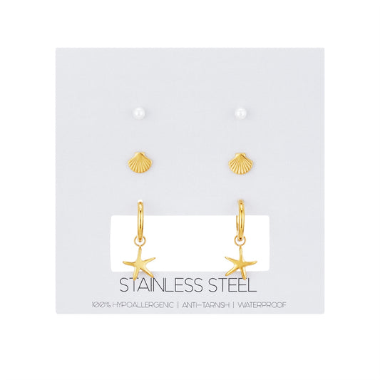 Over & Over Gold Stainless Steel Shell Stud & Hoop Set