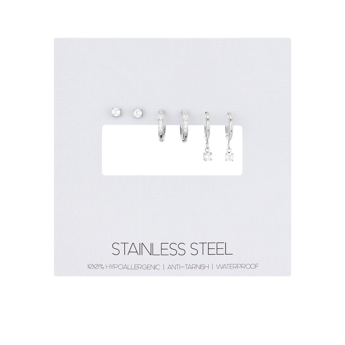 Over & Over Silver Stainless Steel CZ Drop Hoop & Stud Set