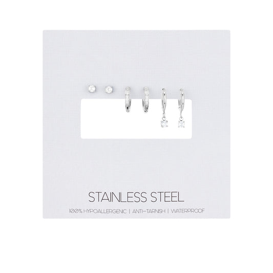 Over & Over Silver Stainless Steel CZ Drop Hoop & Stud Set