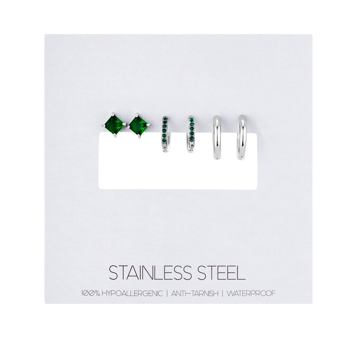 Over & Over Silver Stainless Steel Green CZ Stud & Hoop Set