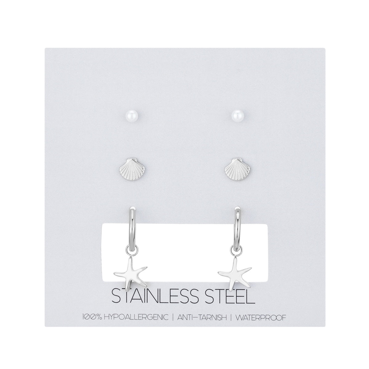 Over & Over Silver Stainless Steel Shell Stud & Hoop Set