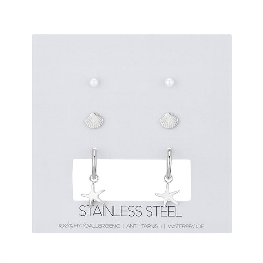 Over & Over Silver Stainless Steel Shell Stud & Hoop Set