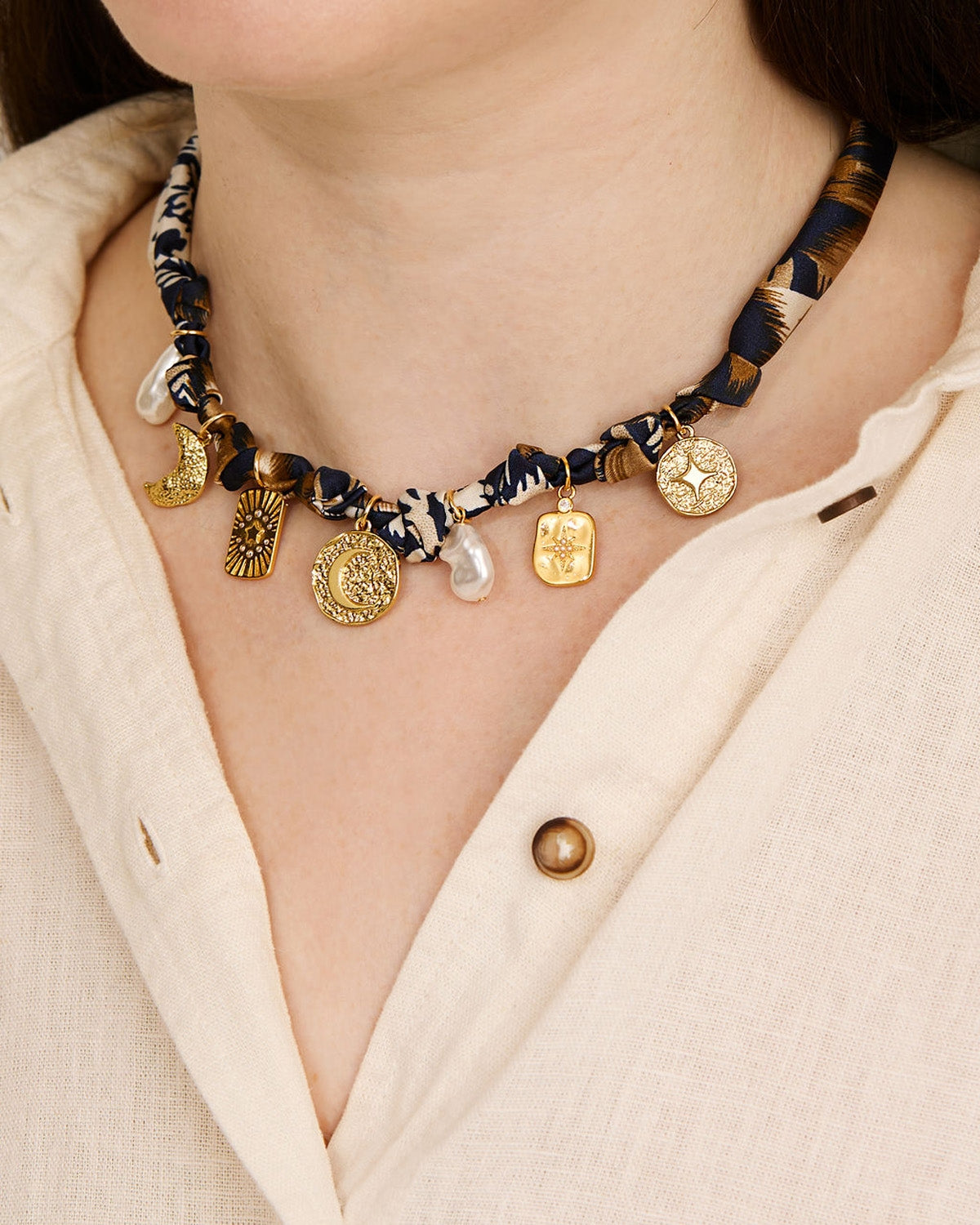 August Woods Gold Blue Print Scarf Charm Necklace