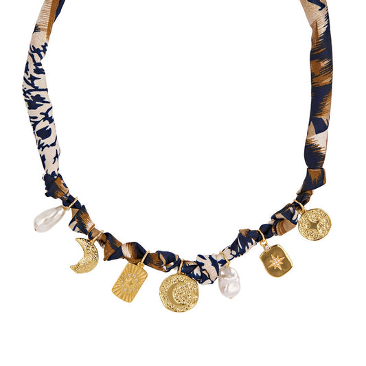 August Woods Gold Blue Print Scarf Charm Necklace