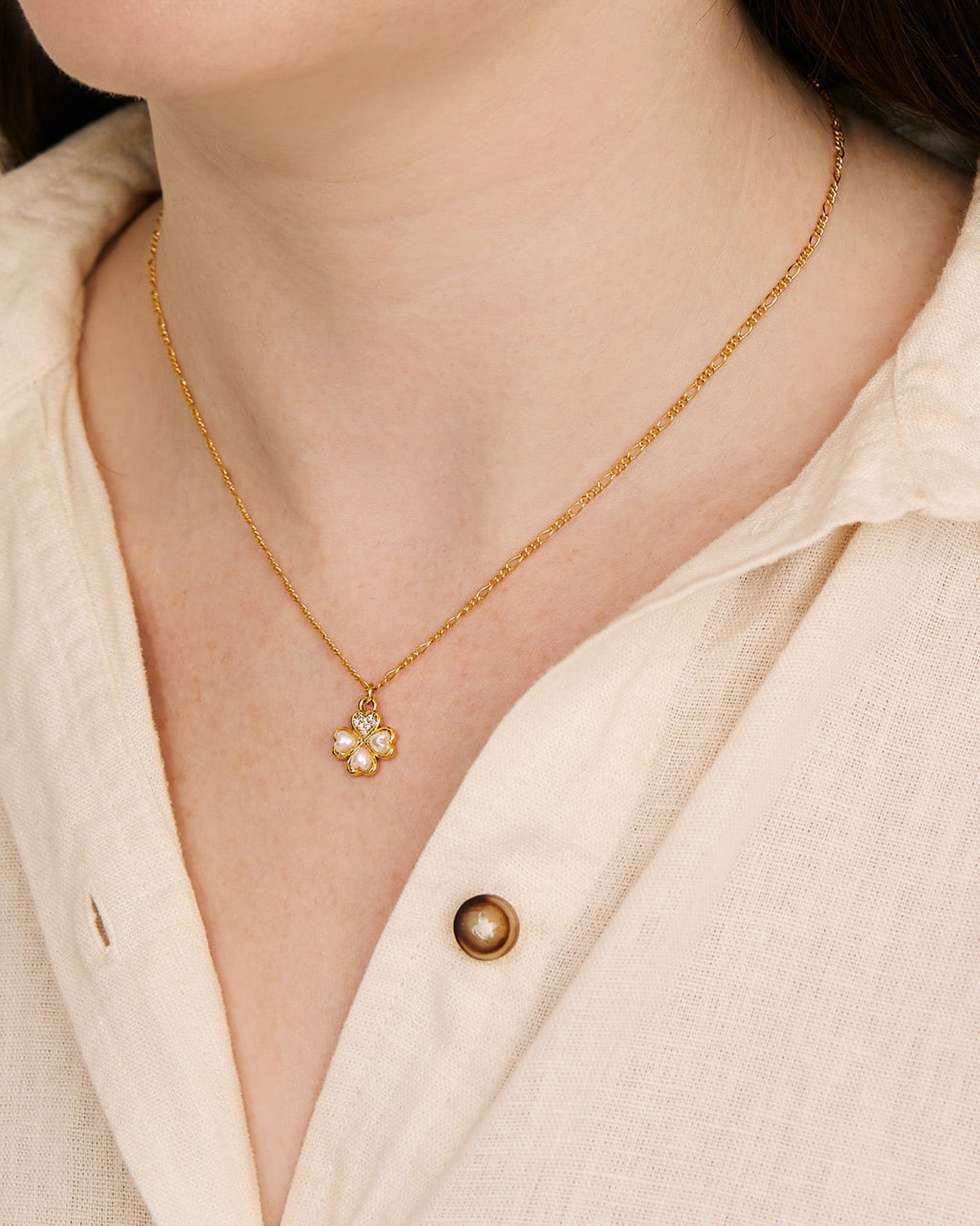 August Woods Gold Clover Pearl Curb Necklace