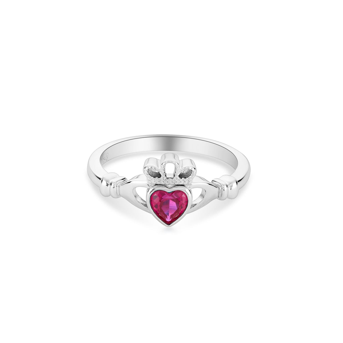 Argento Silver July Red Ruby Birthstone Claddagh Ring