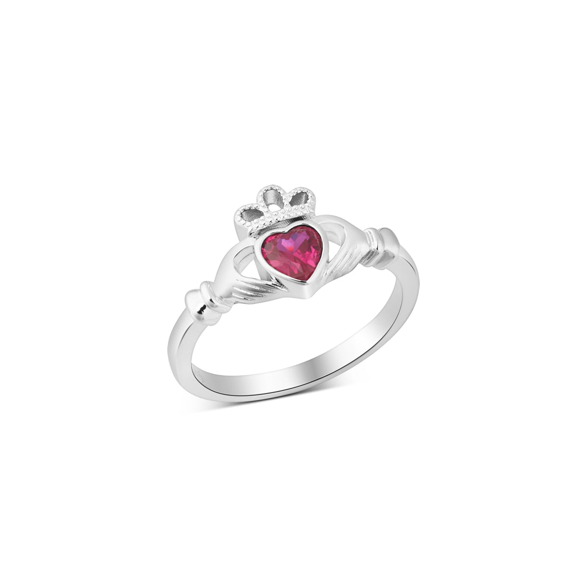 Argento Silver July Red Ruby Birthstone Claddagh Ring