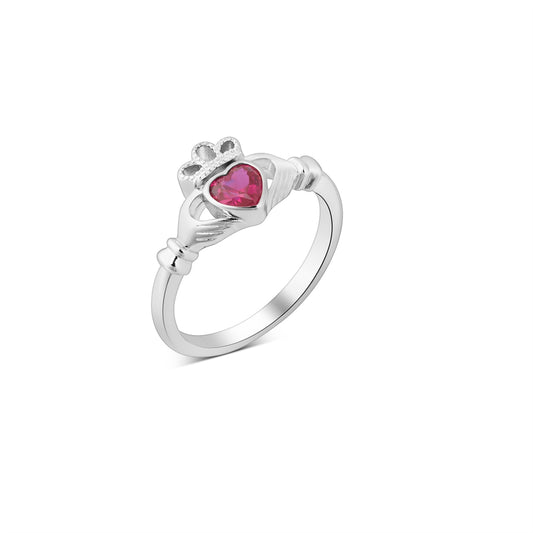 Argento Silver July Red Ruby Birthstone Claddagh Ring