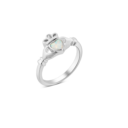 Argento Silver October Opal Claddagh Ring