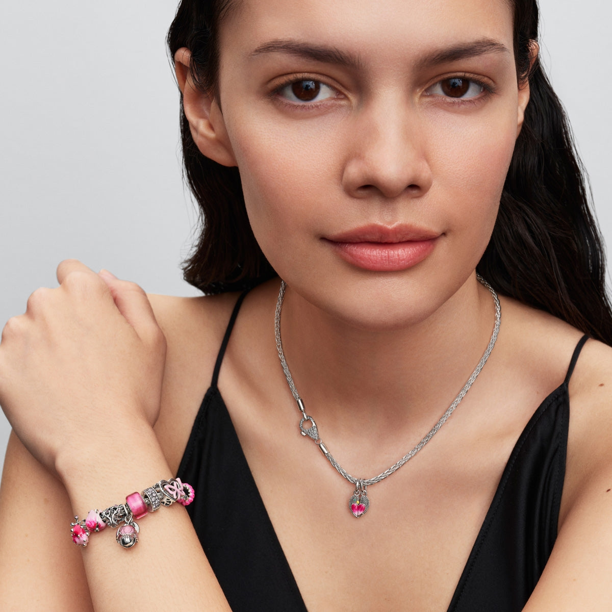 Pandora Silver Pavé Clasp Foxtail Chain Charm Bracelet