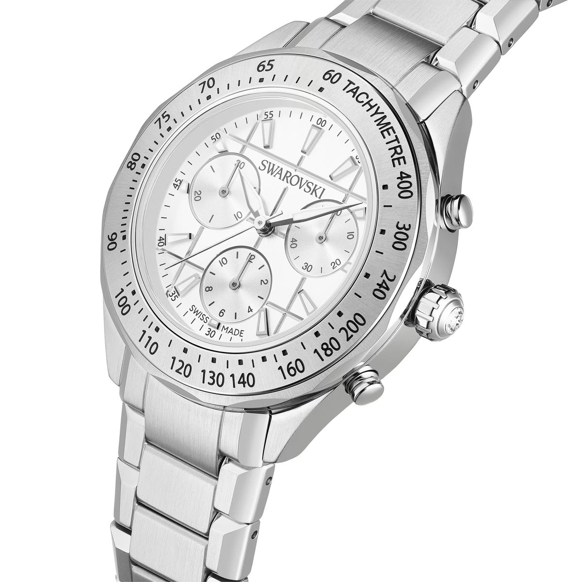 Swarovski Dextera Silver Stainless Steel Metal Bracelet Tachymetre Watch