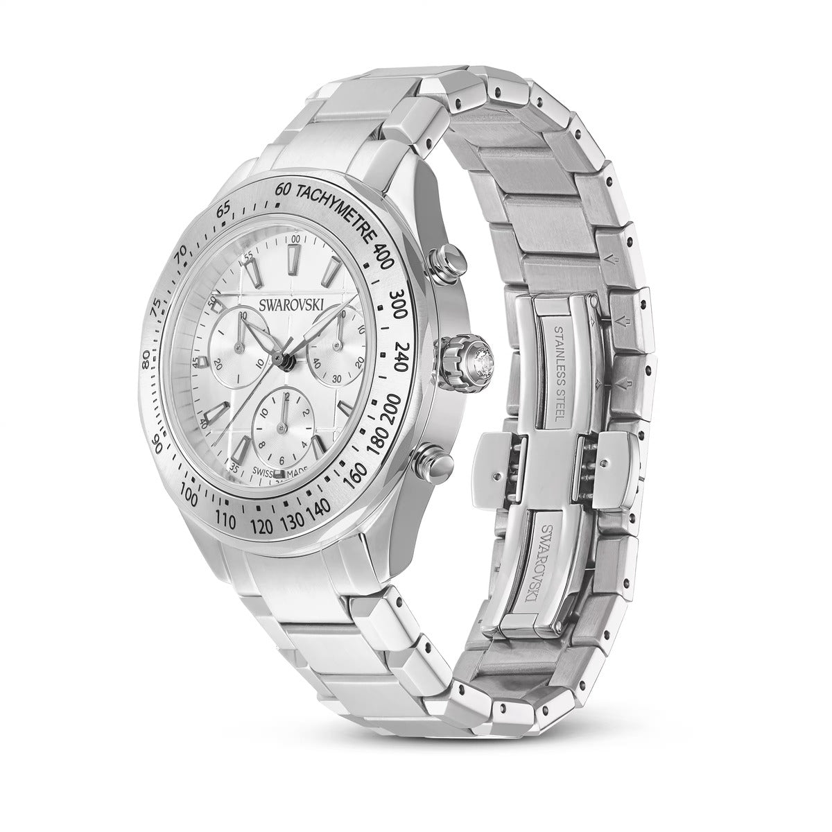 Swarovski Dextera Silver Stainless Steel Metal Bracelet Tachymetre Watch