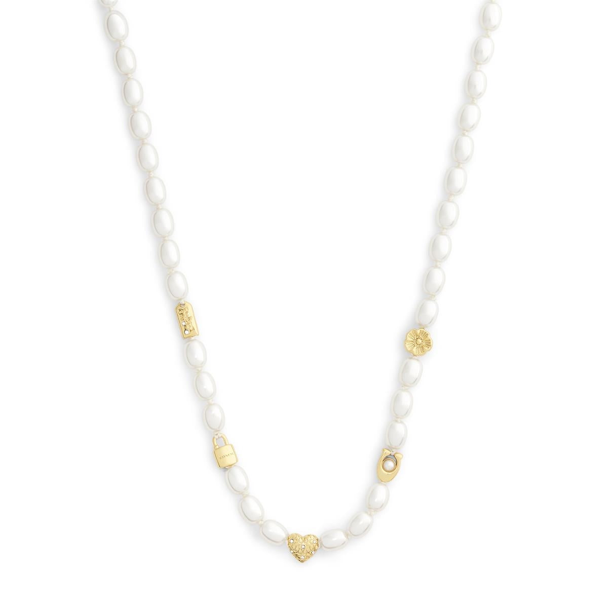 Coach Gold Pearl Bead Heart Icon Necklace
