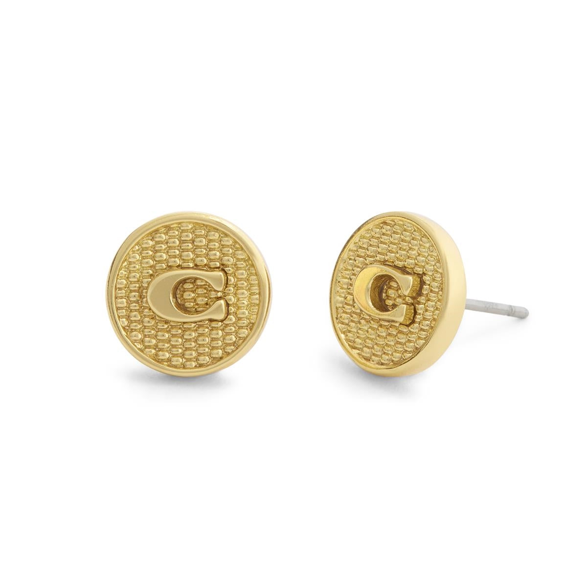 Coach Gold Signature C Textured Coin Stud Earrings