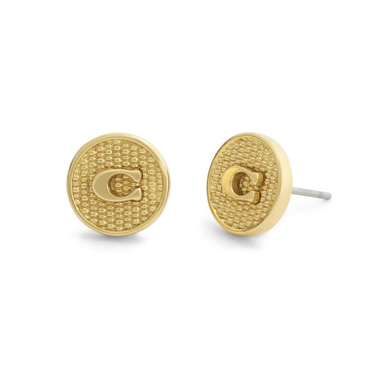 Coach Gold Signature C Textured Coin Stud Earrings