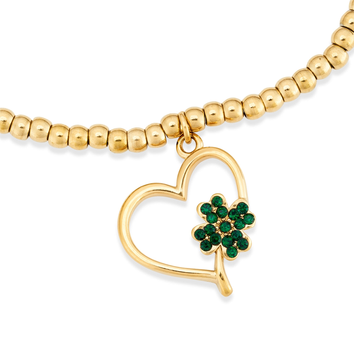 Karma Gold Stainless Steel Green Clover Heart Bracelet