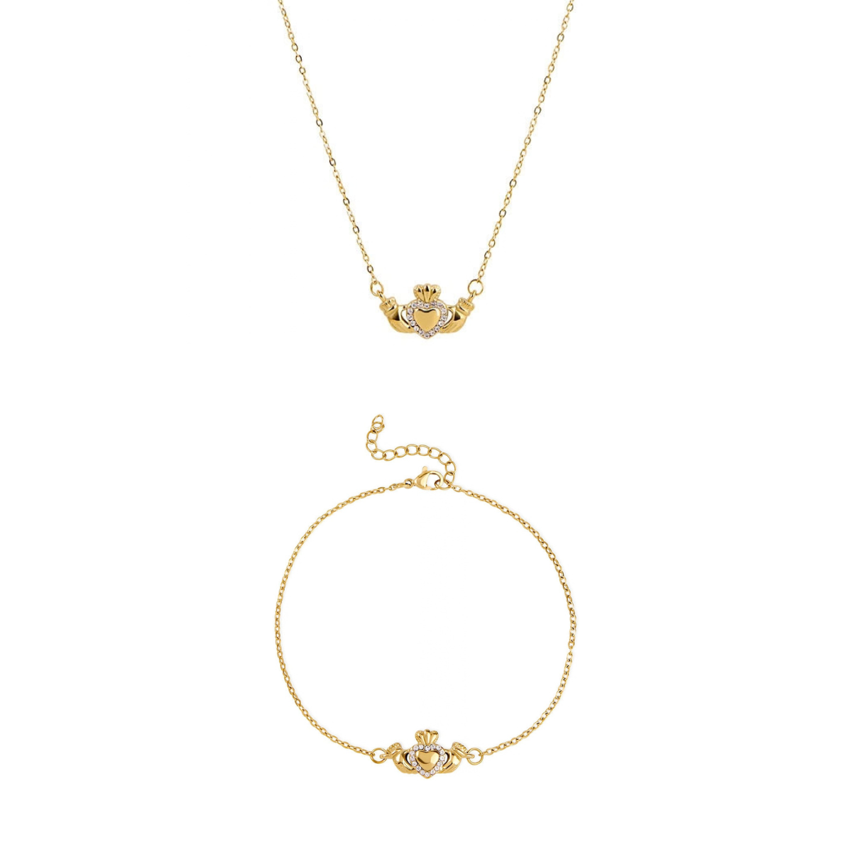 Over & Over Gold 14k Stainless Steel CZ Halo Claddagh Gift Set