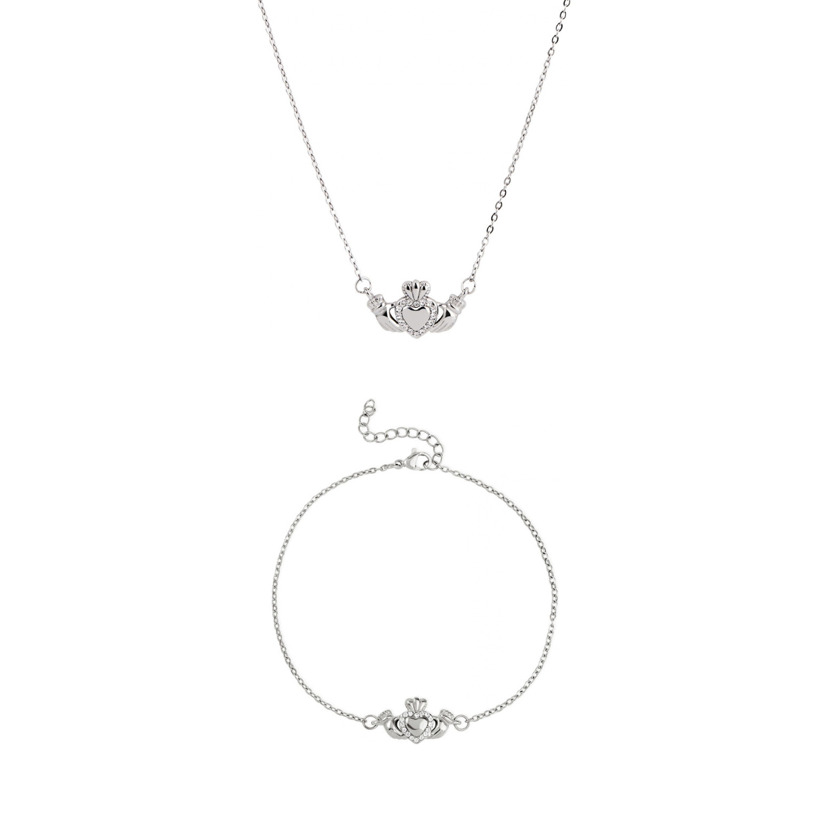 Over & Over Silver Stainless Steel CZ Heart Claddagh Gift Set