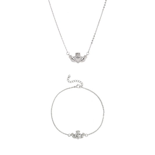 Over & Over Silver Stainless Steel CZ Heart Claddagh Gift Set