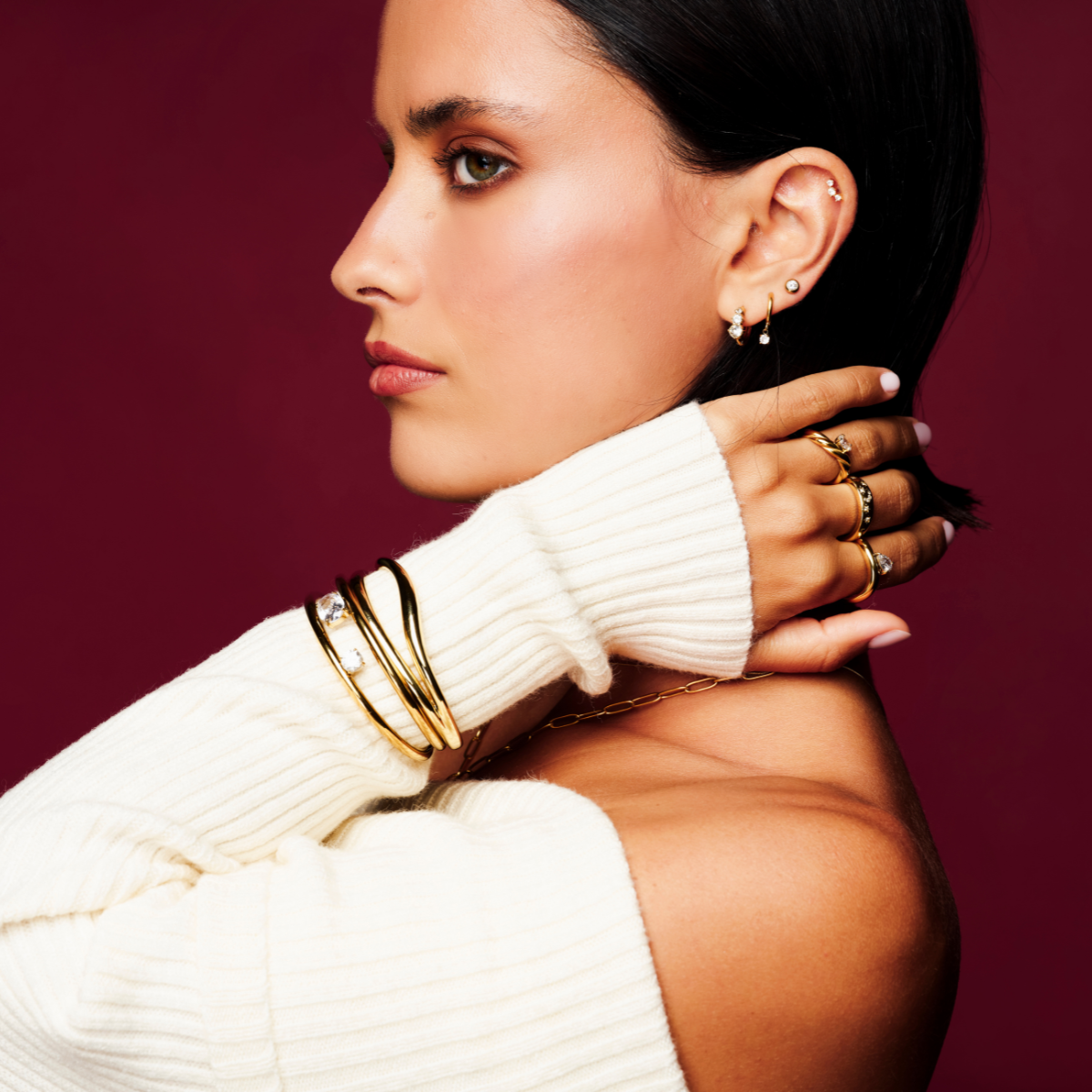 Over & Over 14k Gold Stainless Steel Three CZ Huggie Earrings