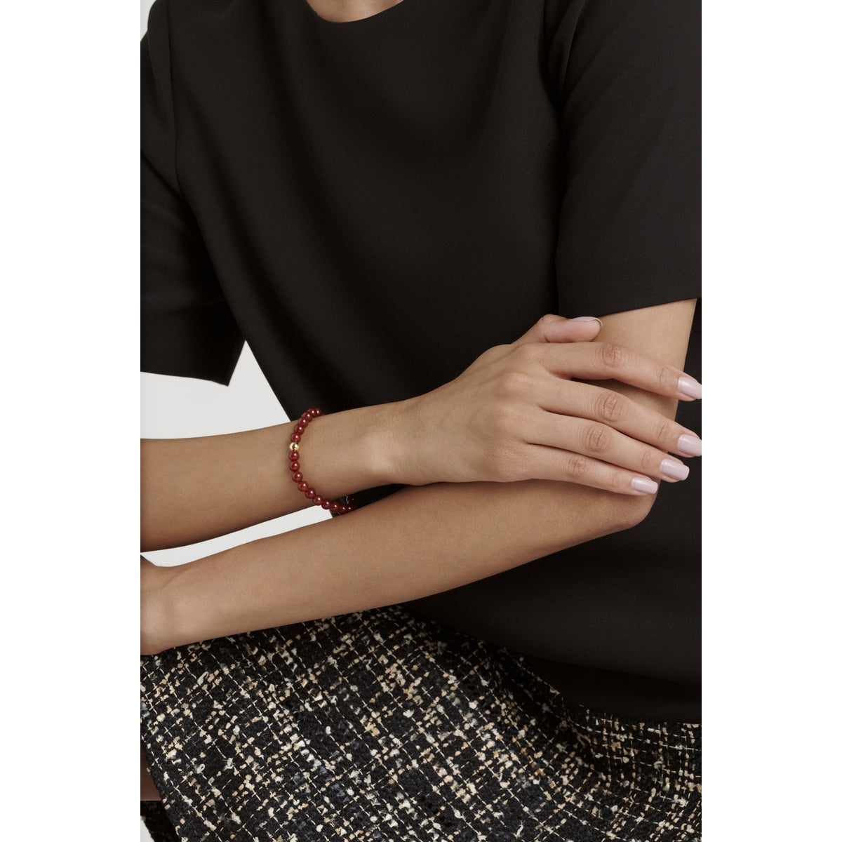 Ted Baker Gold Lorena Logo Bead Garnet Stretch Bracelet