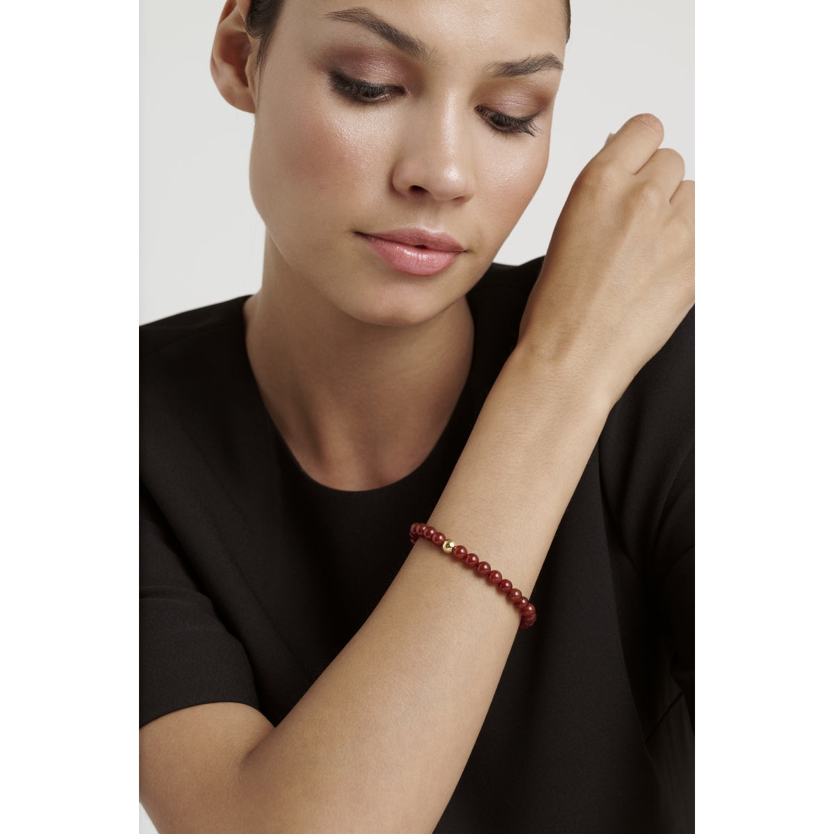 Ted Baker Gold Lorena Logo Bead Garnet Stretch Bracelet